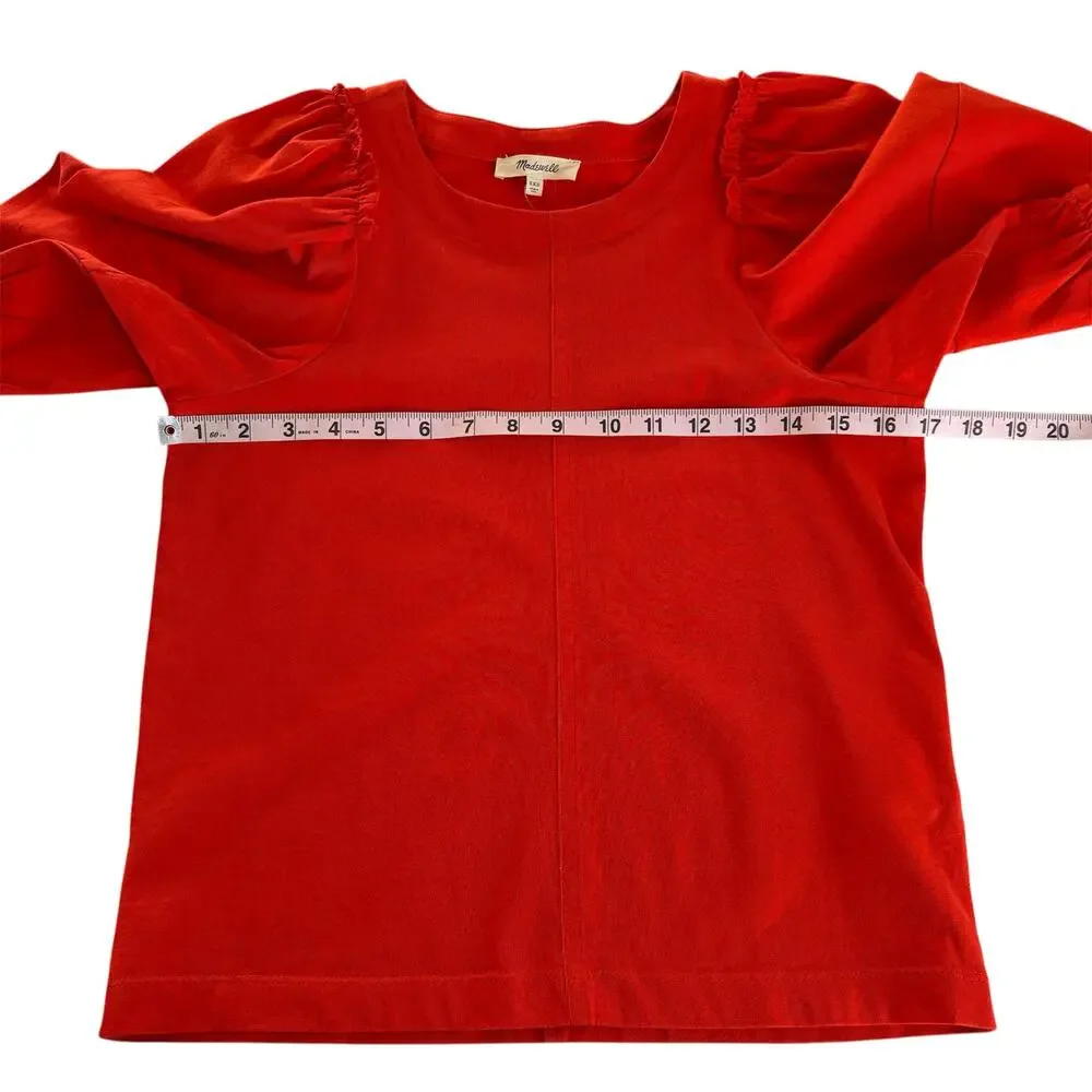Madewell Puff Sleeve Cotton Crewneck Tee Shirt Bright Flame Women’s Size XXS NWT